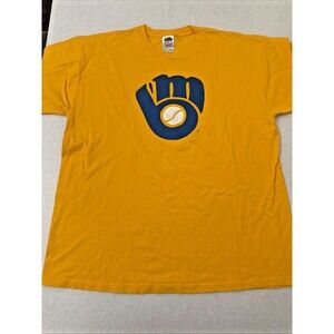 Fruit Of The Loom Mens Yellow Milwaukee Brewers Glove Logo Baseball T-Shirt Lg